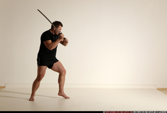 Man Adult Muscular White Fighting with sword Moving poses Sportswear