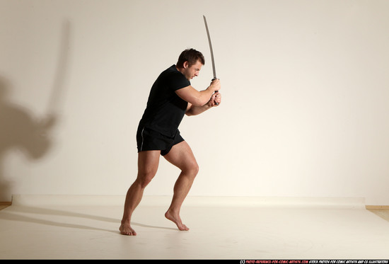 Man Adult Muscular White Fighting with sword Moving poses Sportswear