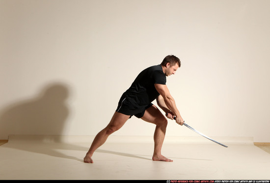 Man Adult Muscular White Fighting with sword Moving poses Sportswear