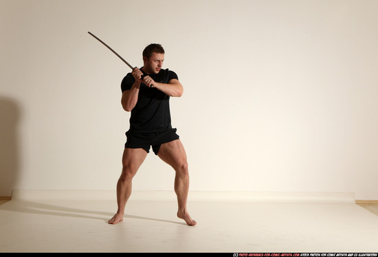 Man Adult Muscular White Fighting with sword Moving poses Sportswear