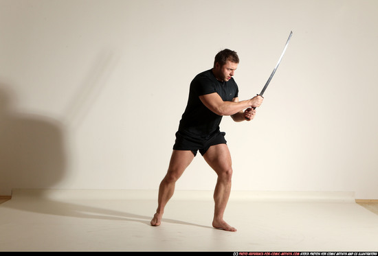 Man Adult Muscular White Fighting with sword Moving poses Sportswear