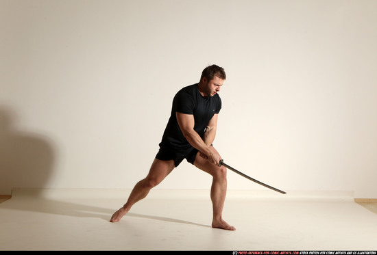 Man Adult Muscular White Fighting with sword Moving poses Sportswear