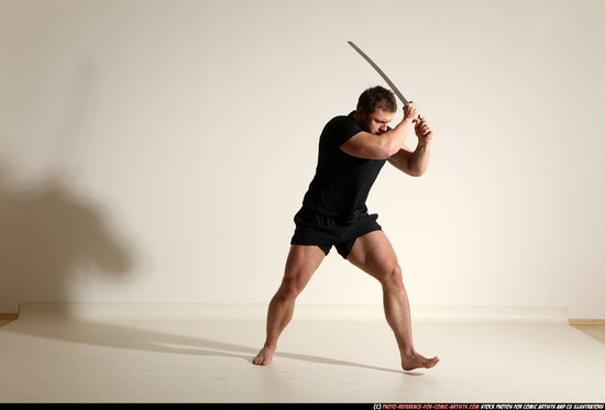 Man Adult Muscular White Fighting with sword Moving poses Sportswear