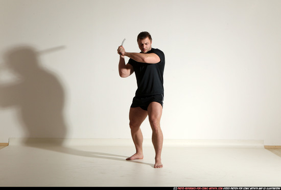 Man Adult Muscular White Fighting with sword Moving poses Sportswear