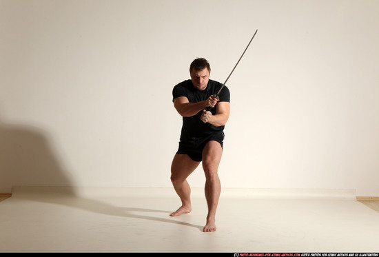 Man Adult Muscular White Fighting with sword Moving poses Sportswear