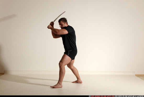 Man Adult Muscular White Fighting with sword Moving poses Sportswear