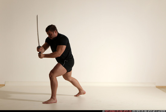 Man Adult Muscular White Fighting with sword Moving poses Sportswear