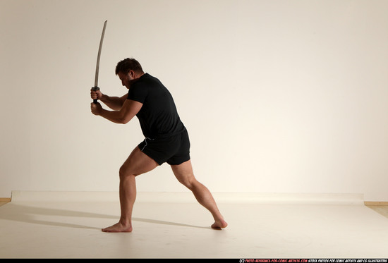 Man Adult Muscular White Fighting with sword Moving poses Sportswear