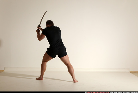 Man Adult Muscular White Fighting with sword Moving poses Sportswear