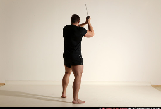 Man Adult Muscular White Fighting with sword Moving poses Sportswear