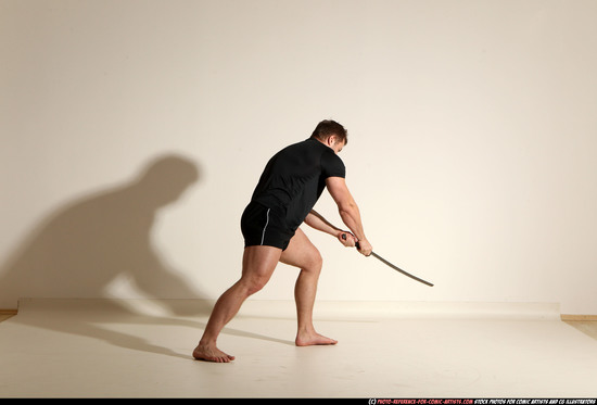 Man Adult Muscular White Fighting with sword Moving poses Sportswear