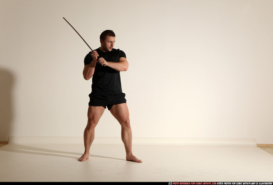 Man Adult Muscular White Fighting with sword Moving poses Sportswear