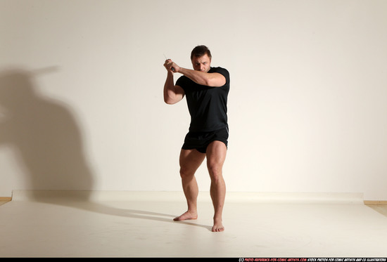 Man Adult Muscular White Fighting with sword Moving poses Sportswear