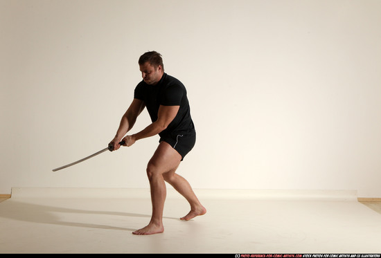 Man Adult Muscular White Fighting with sword Moving poses Sportswear