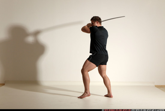 Man Adult Muscular White Fighting with sword Moving poses Sportswear