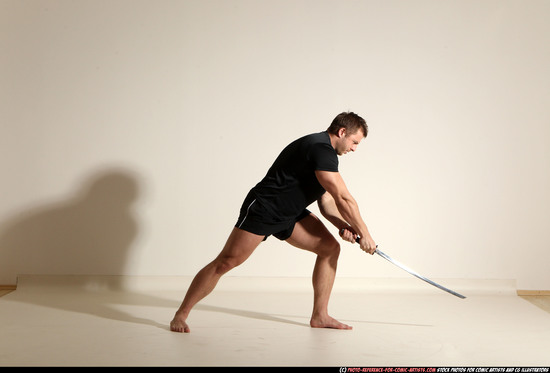 Man Adult Muscular White Fighting with sword Moving poses Sportswear