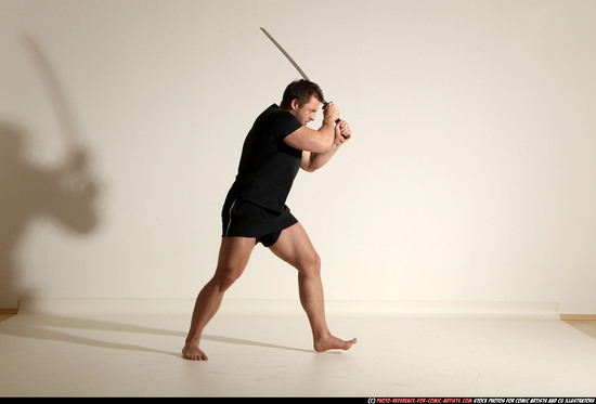 Man Adult Muscular White Fighting with sword Moving poses Sportswear