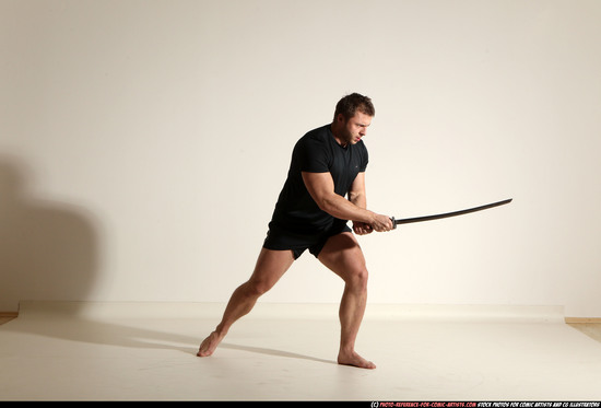 Man Adult Muscular White Fighting with sword Moving poses Sportswear