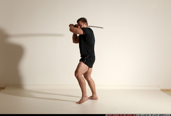 Man Adult Muscular White Fighting with sword Moving poses Sportswear