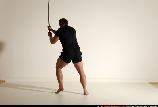 Man Adult Muscular White Fighting with sword Moving poses Sportswear