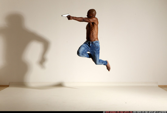 Man Adult Athletic Black Fighting with gun Moving poses Pants