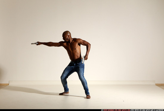 Man Adult Athletic Black Fighting with gun Moving poses Pants