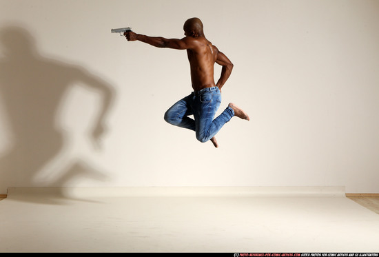 Man Adult Athletic Black Fighting with gun Moving poses Pants