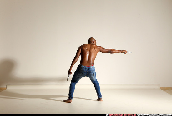 Man Adult Athletic Black Fighting with gun Moving poses Pants