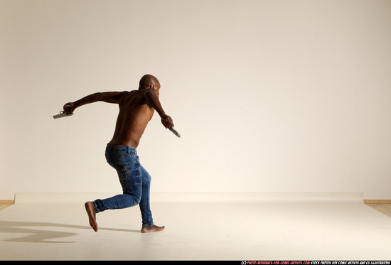 Man Adult Athletic Black Fighting with gun Moving poses Pants