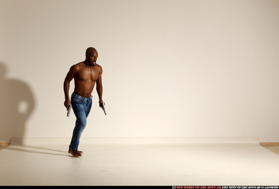 Man Adult Athletic Black Fighting with gun Moving poses Pants