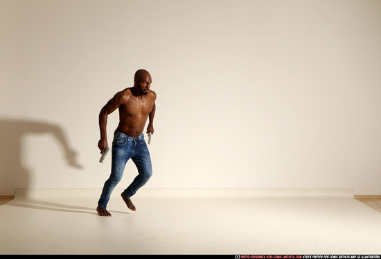 Man Adult Athletic Black Fighting with gun Moving poses Pants