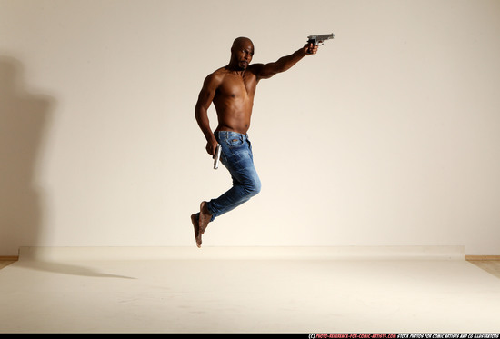 Man Adult Athletic Black Fighting with gun Moving poses Pants