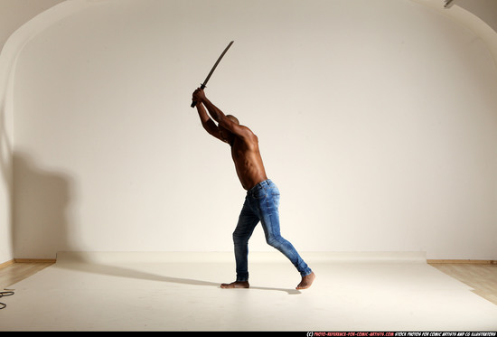 Man Adult Athletic Black Fighting with sword Moving poses Pants