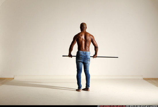 Man Adult Athletic Black Fighting with spear Moving poses Pants