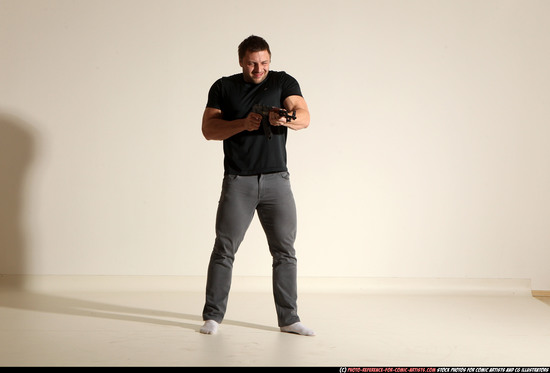 Man Adult Muscular White Fighting with submachine gun Moving poses Casual