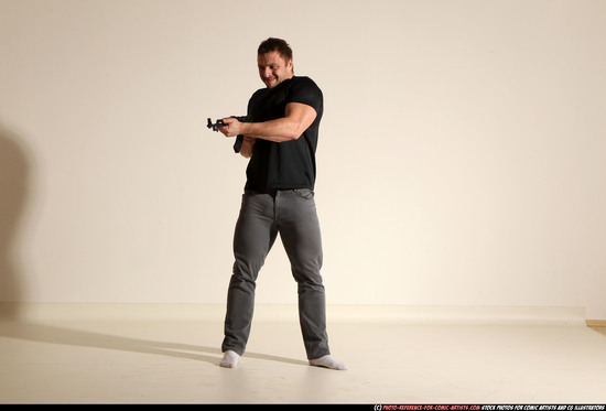 Man Adult Muscular White Fighting with submachine gun Moving poses Casual