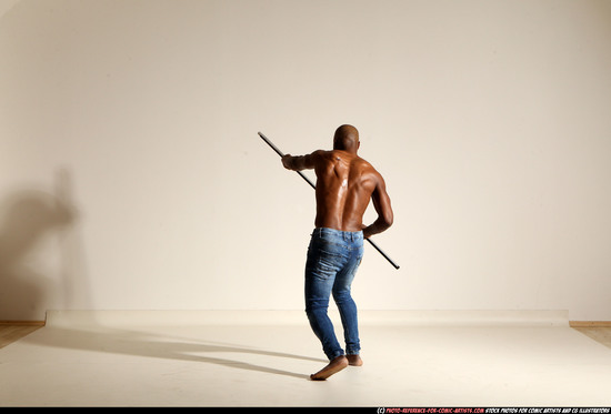 Man Adult Athletic Black Fighting with spear Moving poses Pants