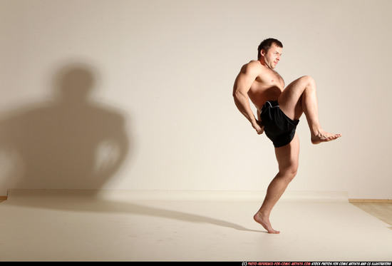 Man Adult Muscular White Fighting without gun Moving poses Underwear