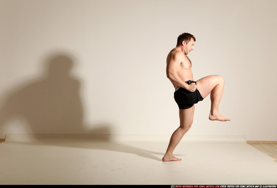 Man Adult Muscular White Fighting without gun Moving poses Underwear