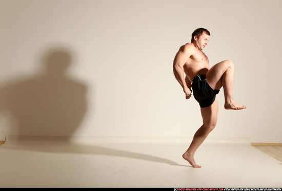 Man Adult Muscular White Fighting without gun Moving poses Underwear