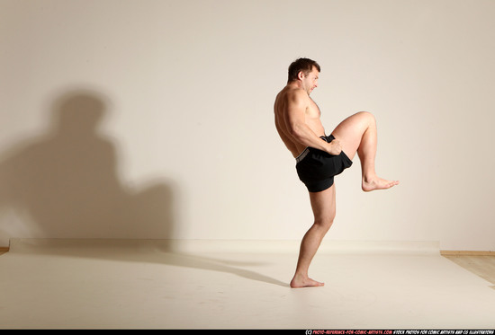 Man Adult Muscular White Fighting without gun Moving poses Underwear