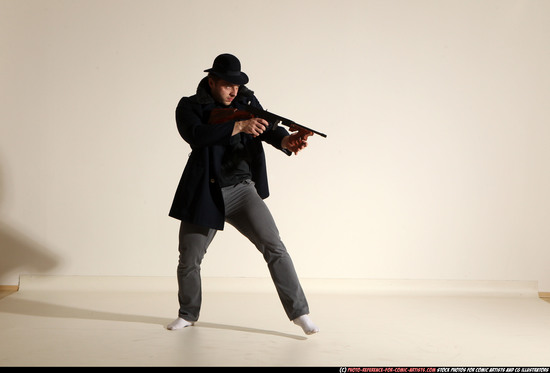 Man Adult Muscular White Fighting with submachine gun Moving poses Coat