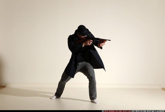 Man Adult Muscular White Fighting with submachine gun Moving poses Coat