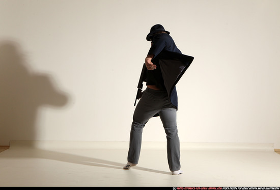 Man Adult Muscular White Fighting with submachine gun Moving poses Coat