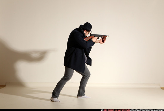 Man Adult Muscular White Fighting with submachine gun Moving poses Coat