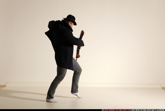 Man Adult Muscular White Fighting with submachine gun Moving poses Coat