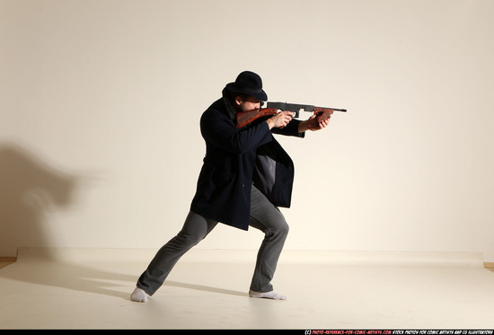 Man Adult Muscular White Fighting with submachine gun Moving poses Coat