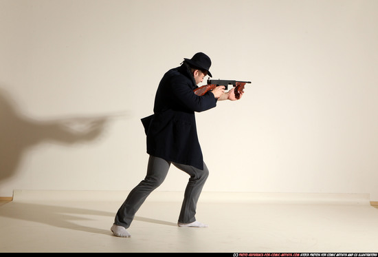 Man Adult Muscular White Fighting with submachine gun Moving poses Coat