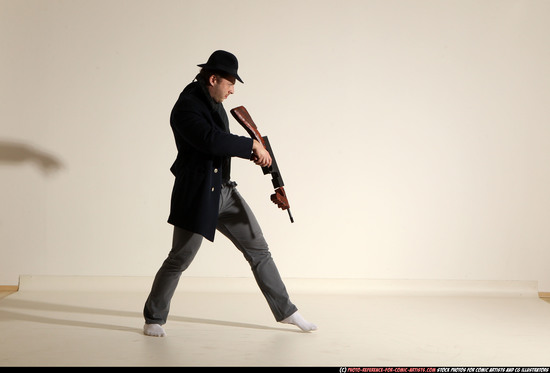 Man Adult Muscular White Fighting with submachine gun Moving poses Coat