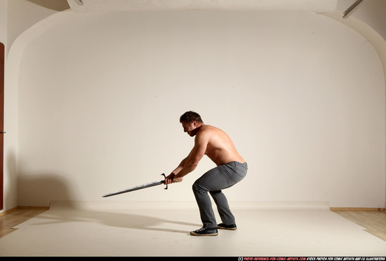 Man Adult Muscular White Fighting with sword Moving poses Casual